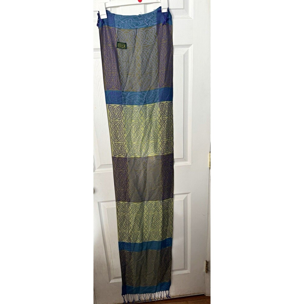 O'Culligans Ireland Celtic Knot Pashmina Jacquard Fringe Scarf Blue Green